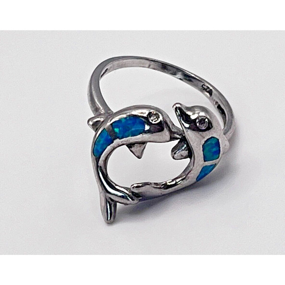 Vintage Sterling Silver Modernist 2 Dolphins Playing Wave Blue Opal Pendant - Picture 4 of 5